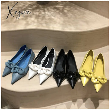 Xajzpa Brand Design Chain Buckle Flat Shoes Women Heel Ballet Pointed Toe Slip On Female Ballerina